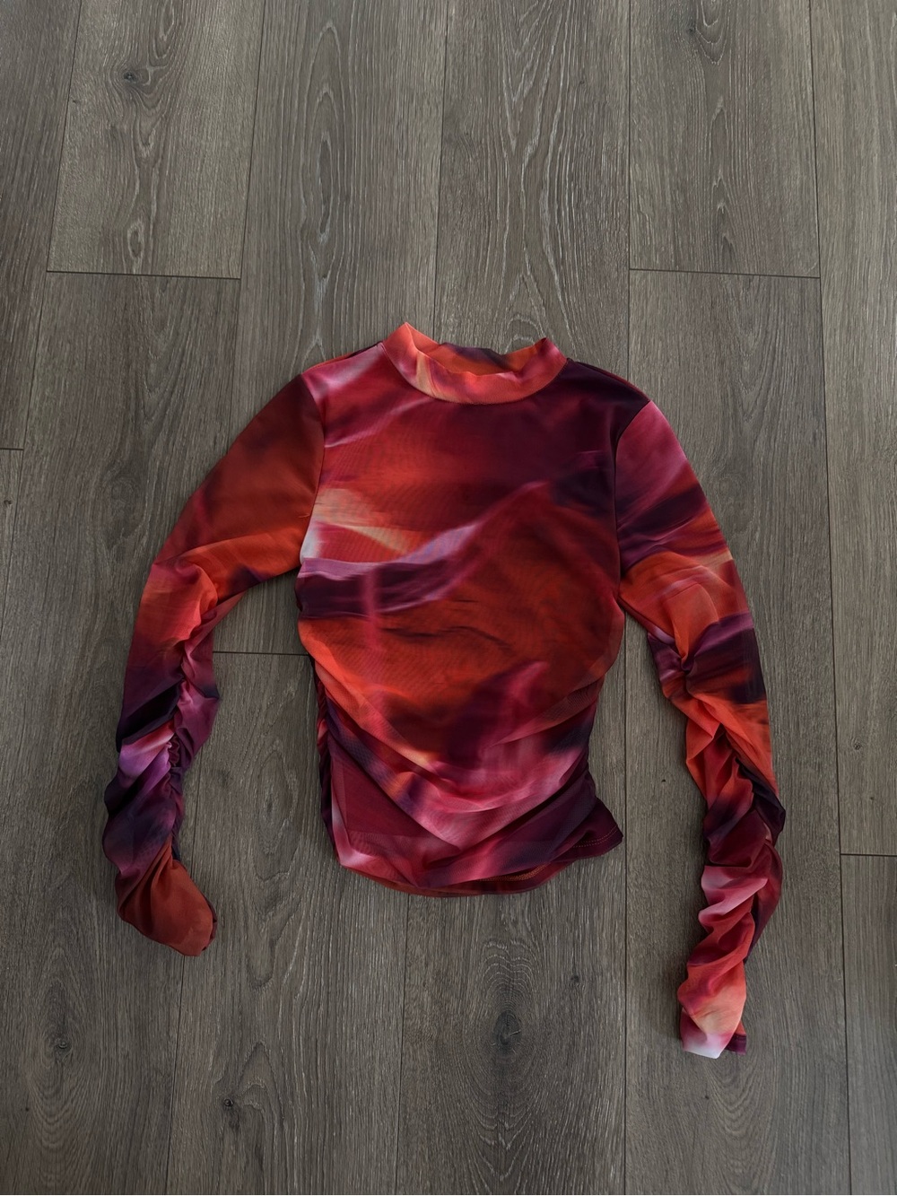 Oh Polly Red Multi Ruched Mock Neck Long Sleeve Top